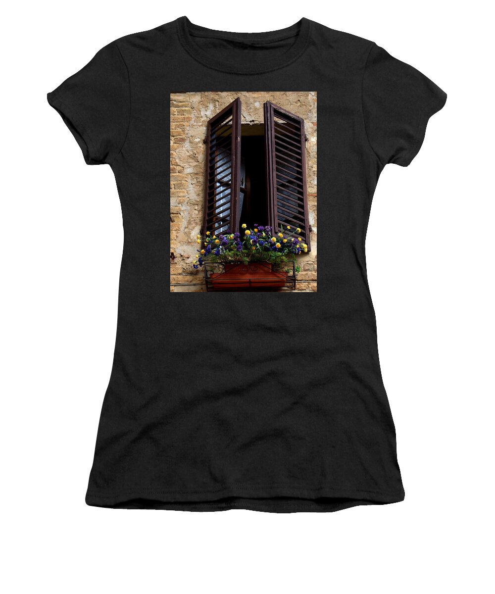 Italy Women's T-Shirt featuring the photograph Shutters and Flowers by Caroline Stella