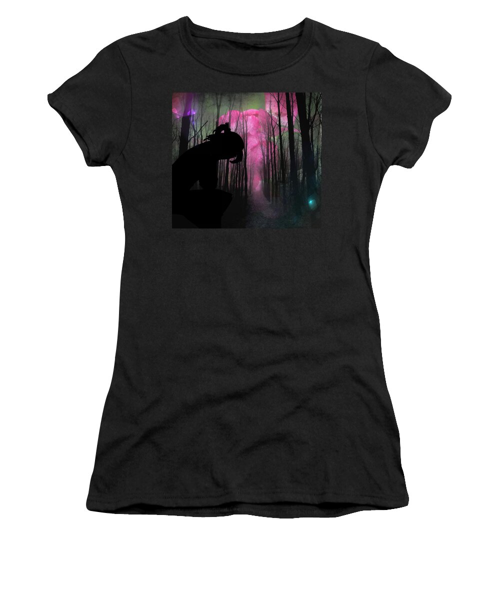 Silhouette Child Lost In Forest Women's T-Shirt featuring the photograph Lost Child by Femina Photo Art By Maggie