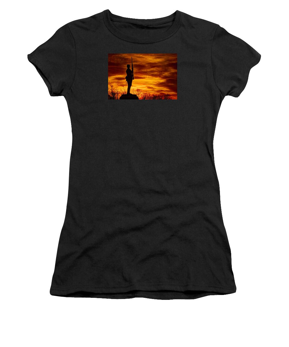 Civil War Women's T-Shirt featuring the photograph Sky Fire - The Flames of War - 11th Pennsylvania Volunteer Infantry at Gettysburg - Sunset Close3 by Michael Mazaika