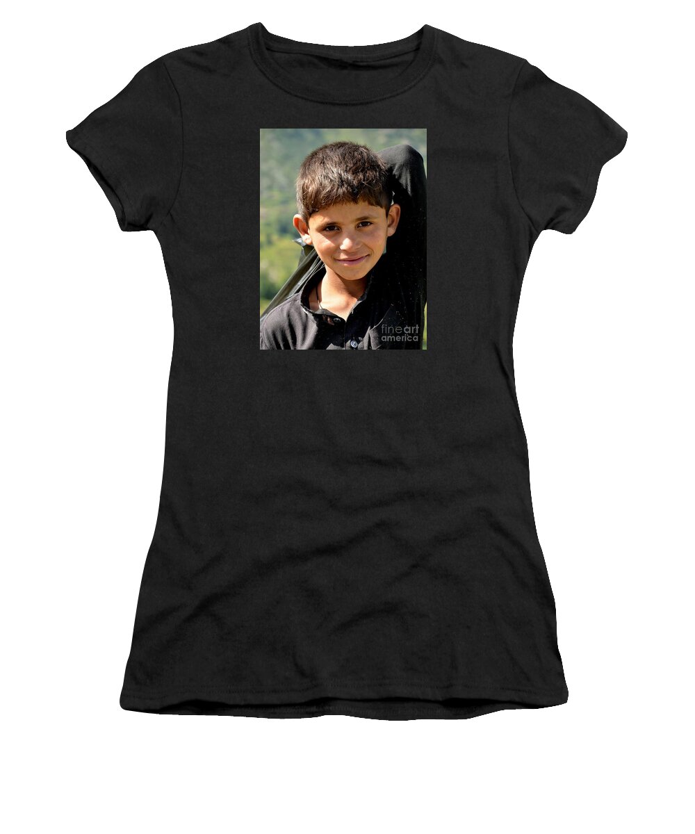 Boy Women's T-Shirt featuring the photograph Smiling boy in the Swat Valley - Pakistan by Imran Ahmed