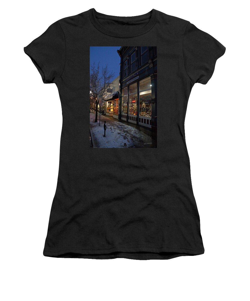Snow Women's T-Shirt featuring the photograph Snow on G Street - Old Town Grants Pass by Mick Anderson