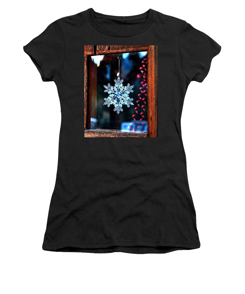 Christmas Women's T-Shirt featuring the photograph Snowflake In Window 20507 by Jerry Sodorff