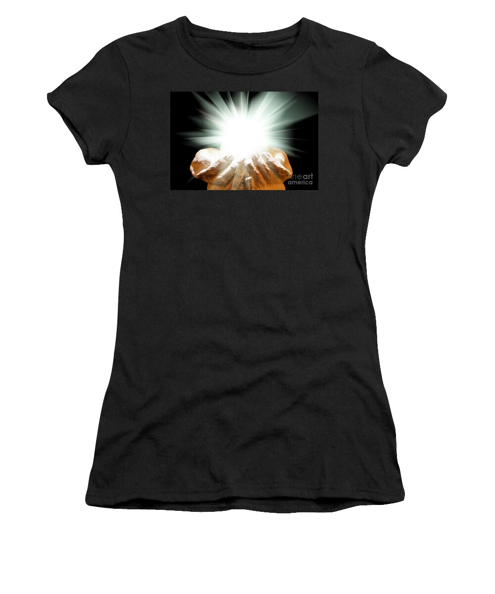 Spiritual Women's T-Shirt featuring the photograph Spiritual light in cupped hands on a black background by Simon Bratt