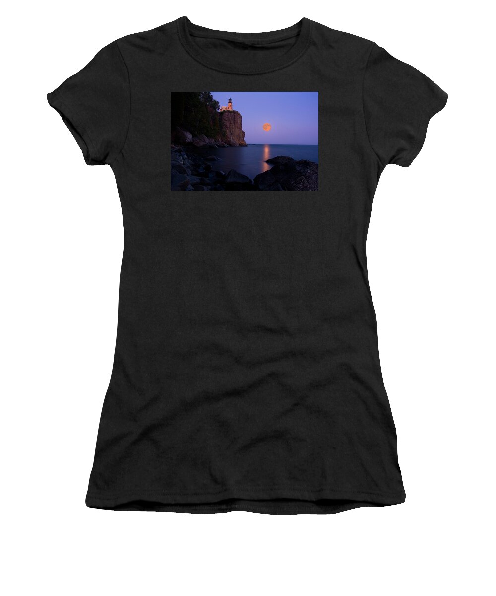 Split Rock Lighthouse Women's T-Shirt featuring the photograph Split Rock Lighthouse - Full Moon by Wayne Moran