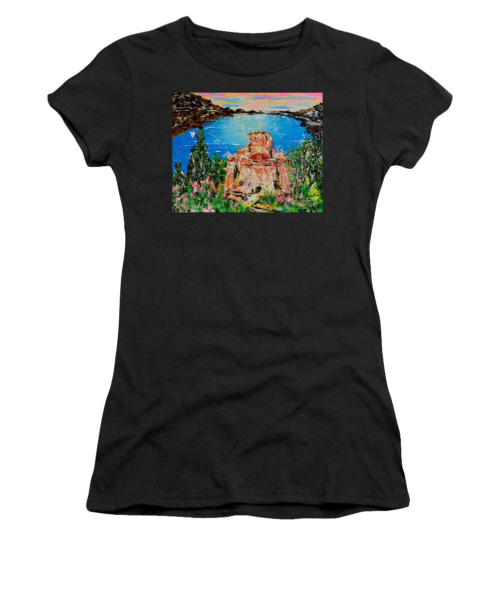 St Jovan Women's T-Shirt featuring the painting St Jovan on Lake Ohrid by Alys Caviness-Gober