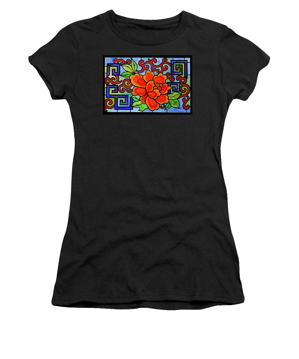Stained Women's T-Shirt featuring the painting Stained Glass Asian Floral by Donna Walsh