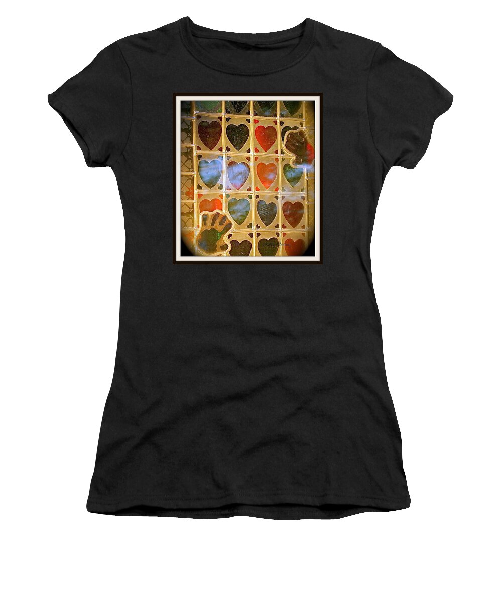 Stained Glass Women's T-Shirt featuring the photograph Stained Glass Hands and Hearts by Kathy Barney