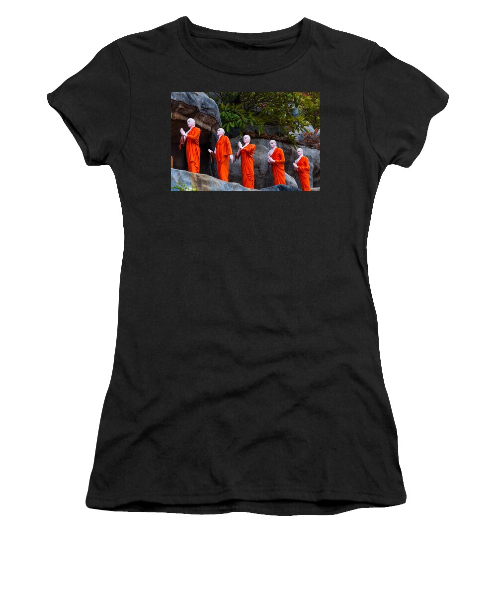 Sri Lanka Women's T-Shirt featuring the photograph Statues of the Buddhist Monks at Golden Temple by Jenny Rainbow