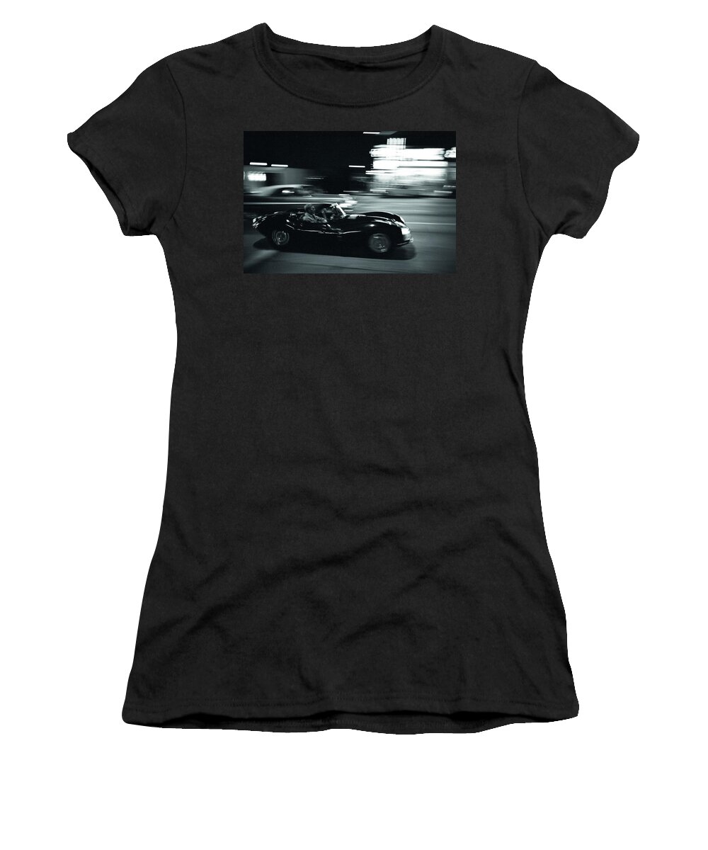 Steve Mcqueen Women's T-Shirt featuring the photograph Steve McQueen Jaguar XK-SS on Sunset Blvd by Georgia Fowler