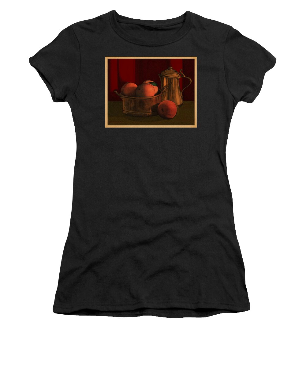 Copper Peaches Fruit Women's T-Shirt featuring the drawing Still Life with Peaches by Meg Shearer