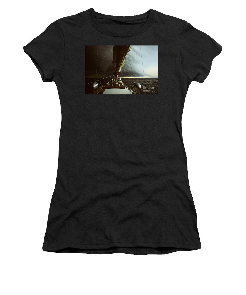 Sailboat Women's T-Shirt featuring the photograph Classic Wooden Sailboat Sailing into a Storm by John Harmon
