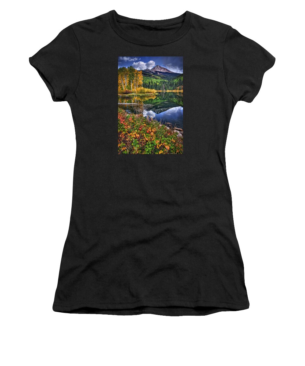 Woods Lake Women's T-Shirt featuring the photograph Stormy Skies at Woods Lake by Priscilla Burgers