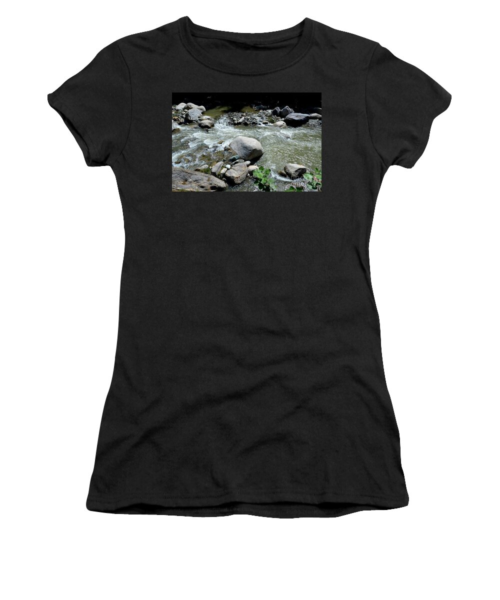 Blue Women's T-Shirt featuring the photograph Stream water foams and rushes past boulders by Imran Ahmed