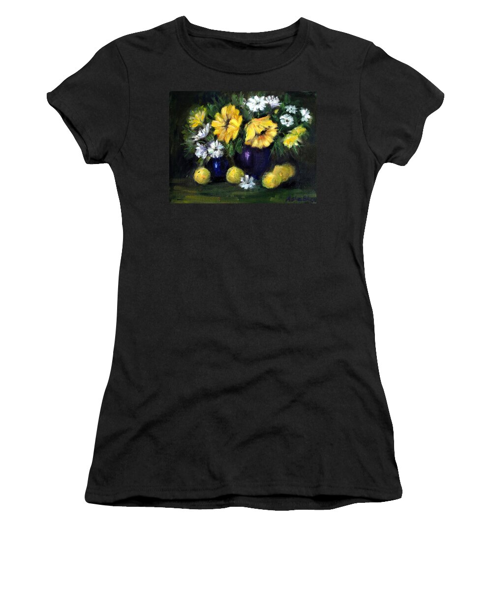 Sunflowers In A Vase Women's T-Shirt featuring the painting Sun flowers by Asha Sudhaker Shenoy