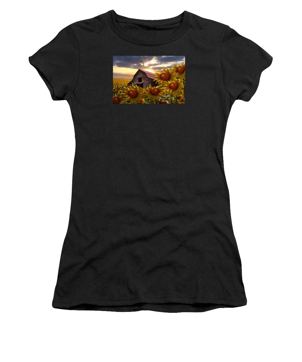 Barn Women's T-Shirt featuring the photograph Sunflower Dance by Debra and Dave Vanderlaan