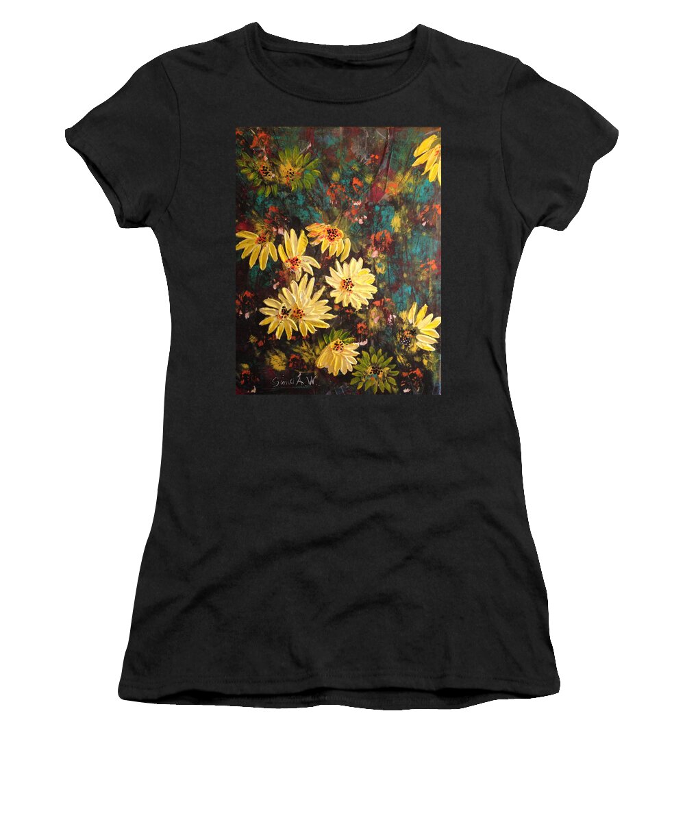 Sun Flowers Women's T-Shirt featuring the mixed media Sunflowers by Sima Amid Wewetzer