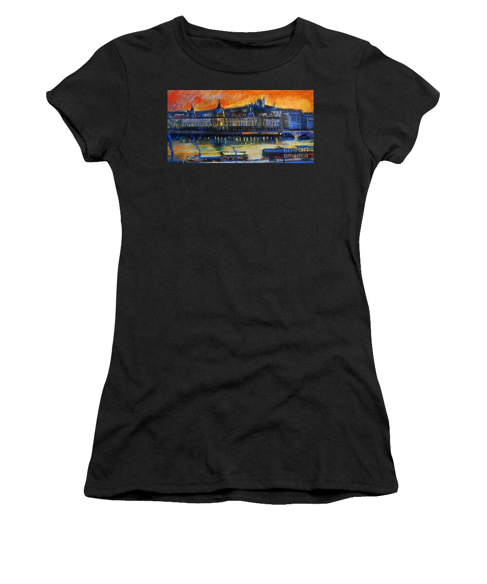 Sunset Over The City Women's T-Shirt featuring the painting Sunset Over The City - Lyon France by Mona Edulesco