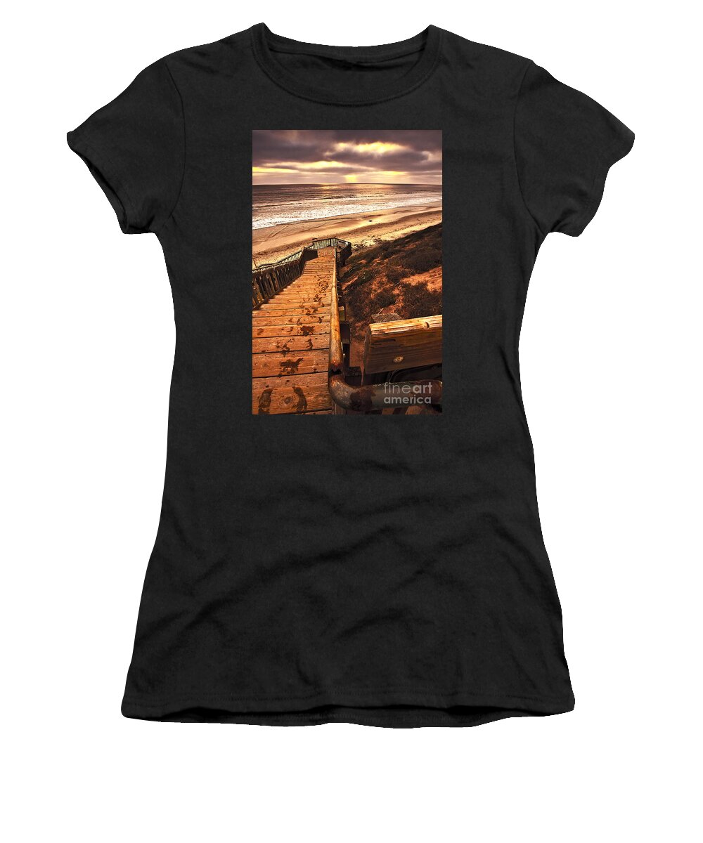 Sunset Beach Steps Photographs Women's T-Shirt featuring the photograph Sunset Wooden Stairway To The Beach by Jerry Cowart