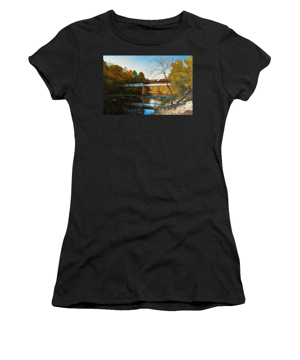 Covered Bridge Women's T-Shirt featuring the painting Swann Covered Bridge in Early Fall by T S Carson