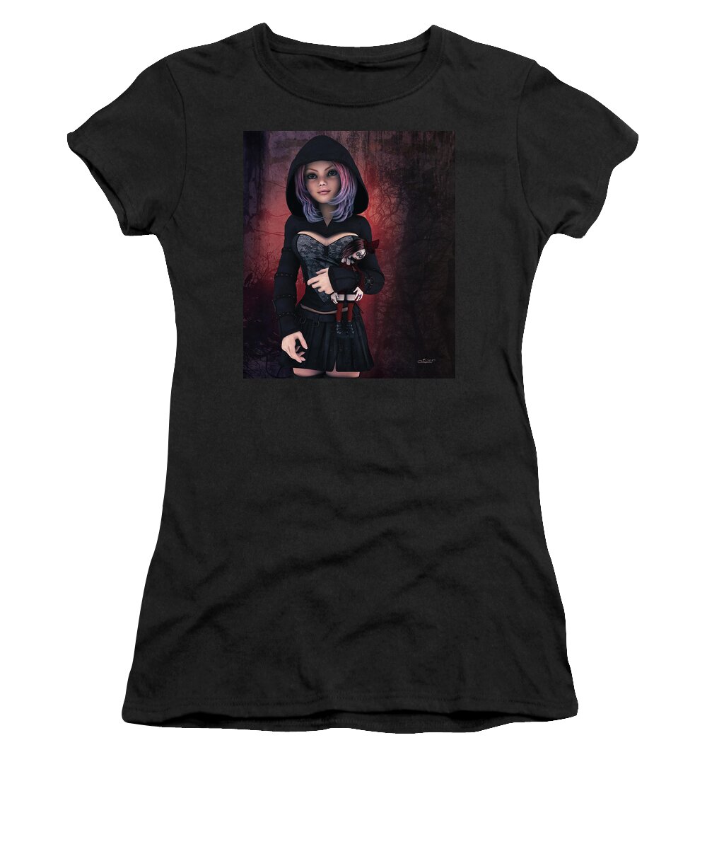 3d Women's T-Shirt featuring the digital art Sweet Betty with Gothic Doll by Jutta Maria Pusl