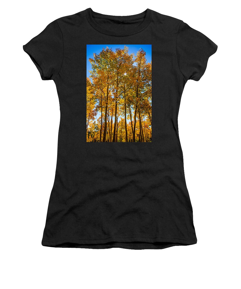 Aspen Trees Women's T-Shirt featuring the photograph Tall Aspen with Sunstar by Dawn Key