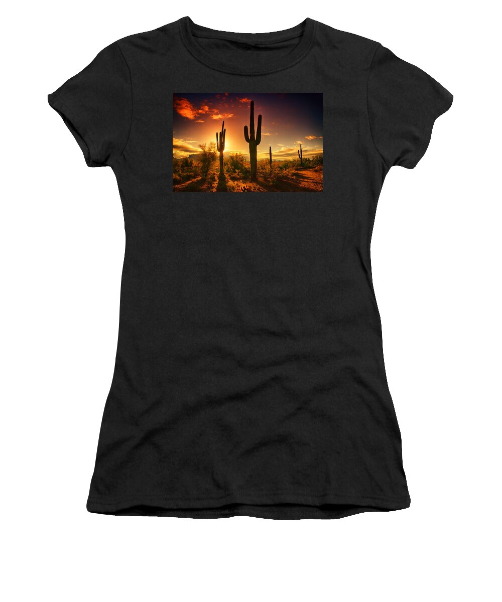 Saguaro Sunrise Women's T-Shirt featuring the photograph The Desert Awakens by Saija Lehtonen