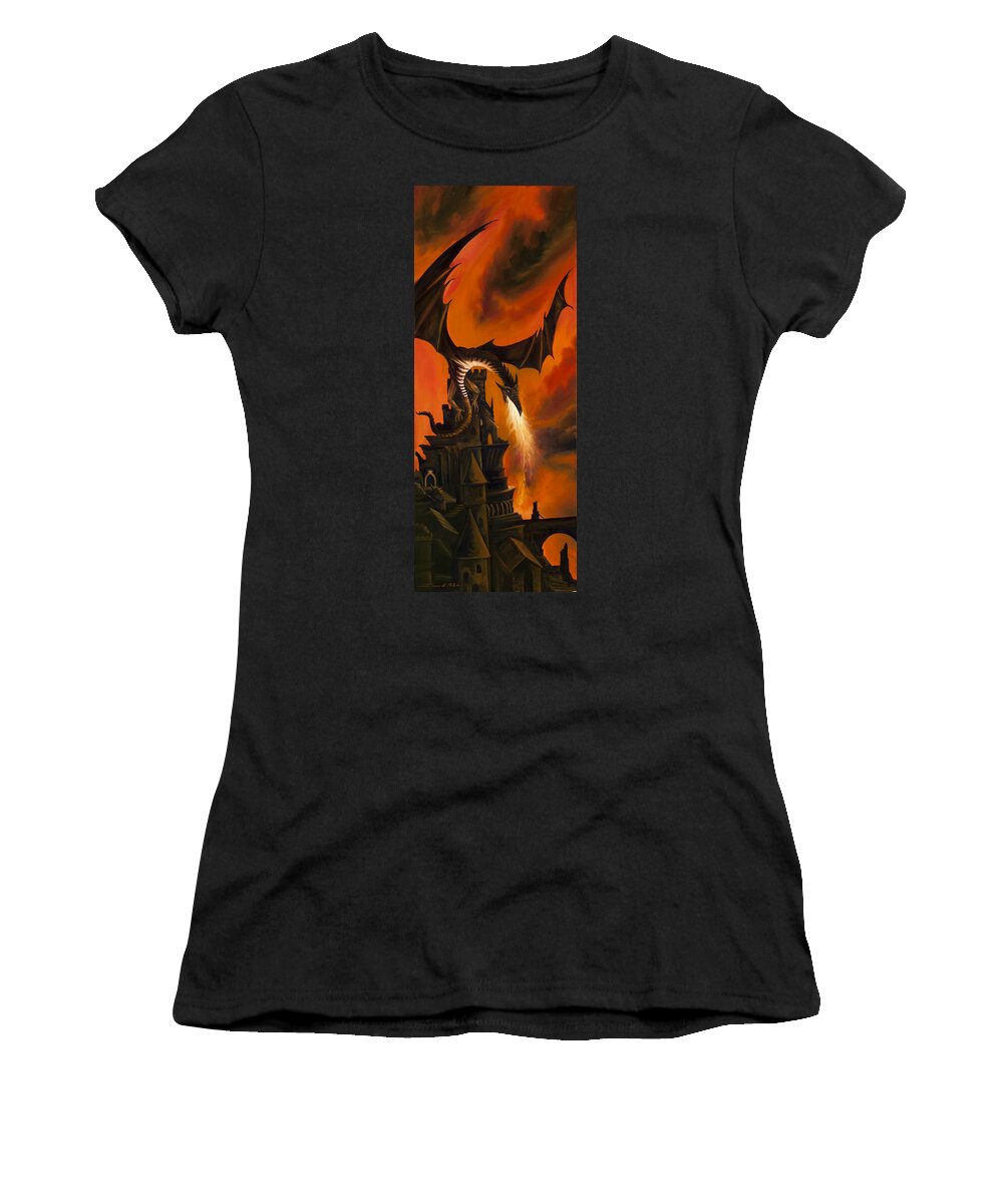 Fantasy; James Christopher Hill; James Hill Gallery; Red; Sunrise; Sunset; Power; Glory; Cloudscape; Skyscape; Purple; Blue; Landscape; Mid-evil; Storm; Tornado; Lightning; Dragon; Sky; Gothic; Castle; Germany Women's T-Shirt featuring the painting The Dragon's Tower by James Hill