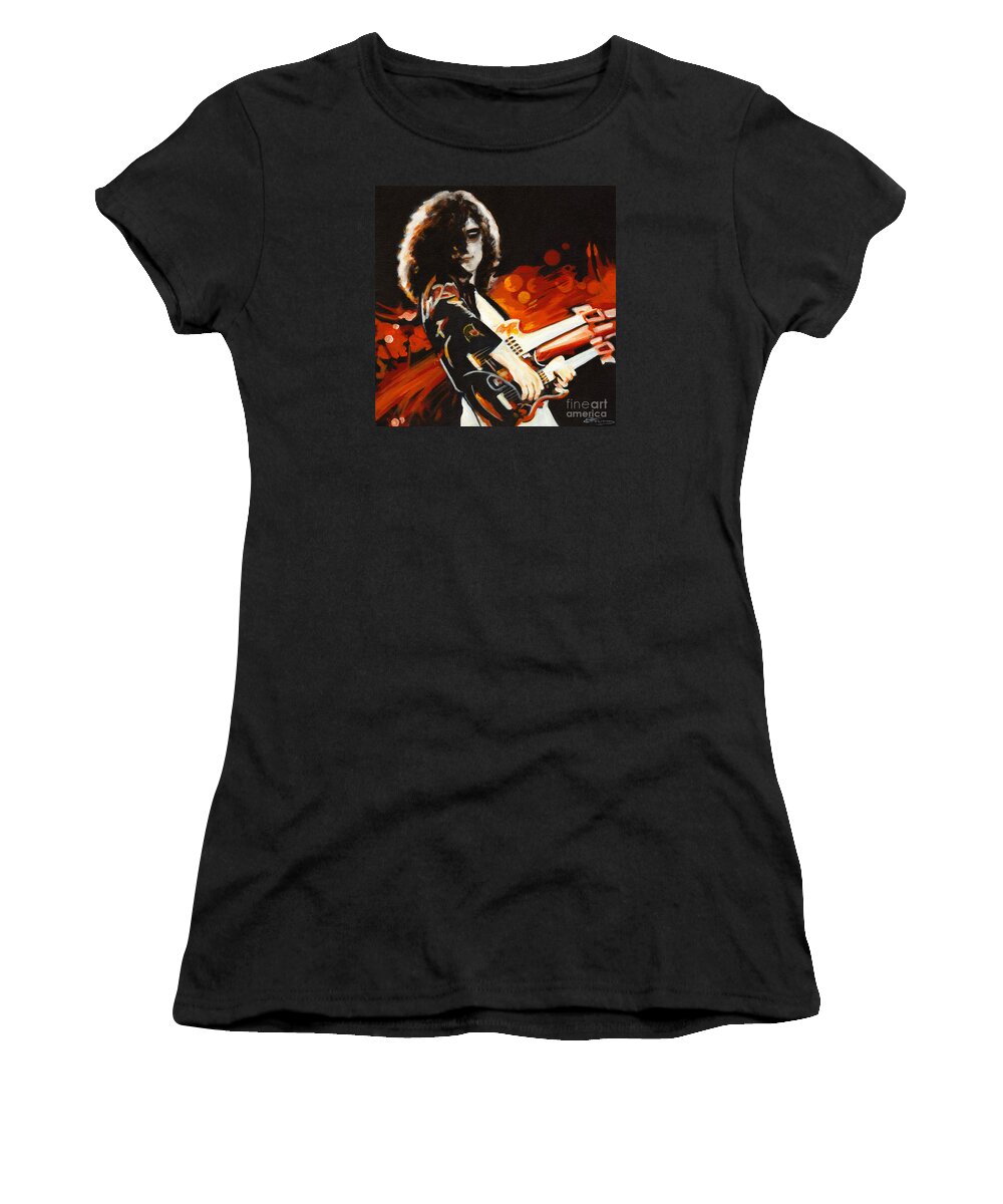 Tanya Filichkin Women's T-Shirt featuring the painting Stairway To Heaven. Jimmy Page by Tanya Filichkin