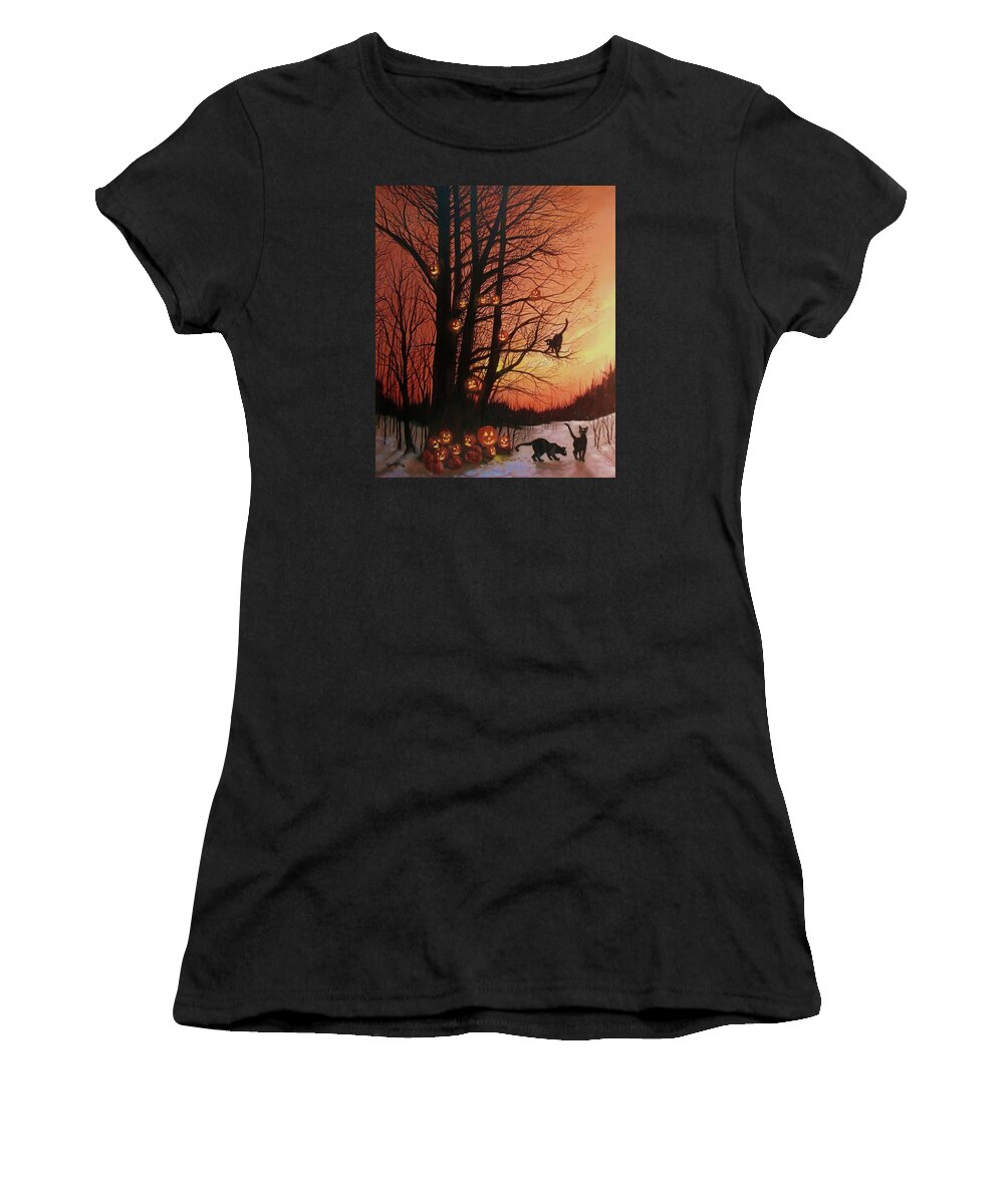 Black Cats Women's T-Shirt featuring the painting The Pumpkin Tree by Tom Shropshire