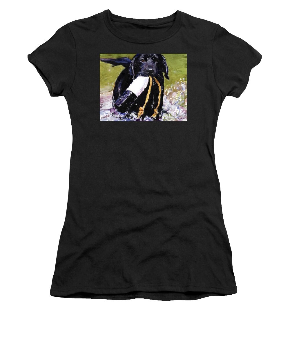 Black Lab Puppy Women's T-Shirt featuring the painting The Ropes by Molly Poole