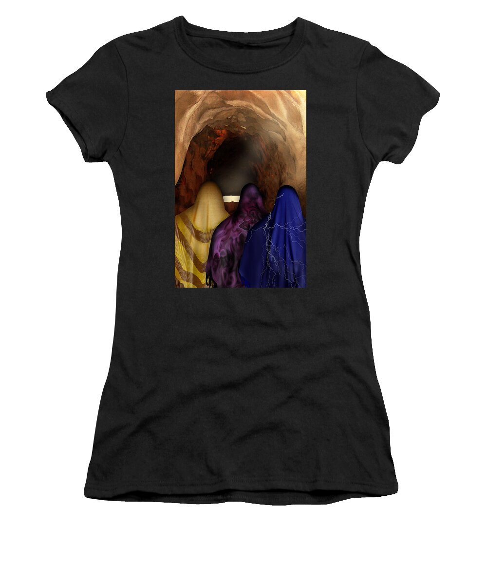 Easter Women's T-Shirt featuring the digital art The Women at the Empty Tomb - He Lives by Julie Rodriguez Jones