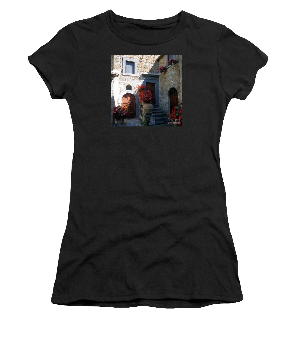 Civita Di Bagnoregio Women's T-Shirt featuring the photograph Three Doors in Bagnoregio by Barbie Corbett-Newmin