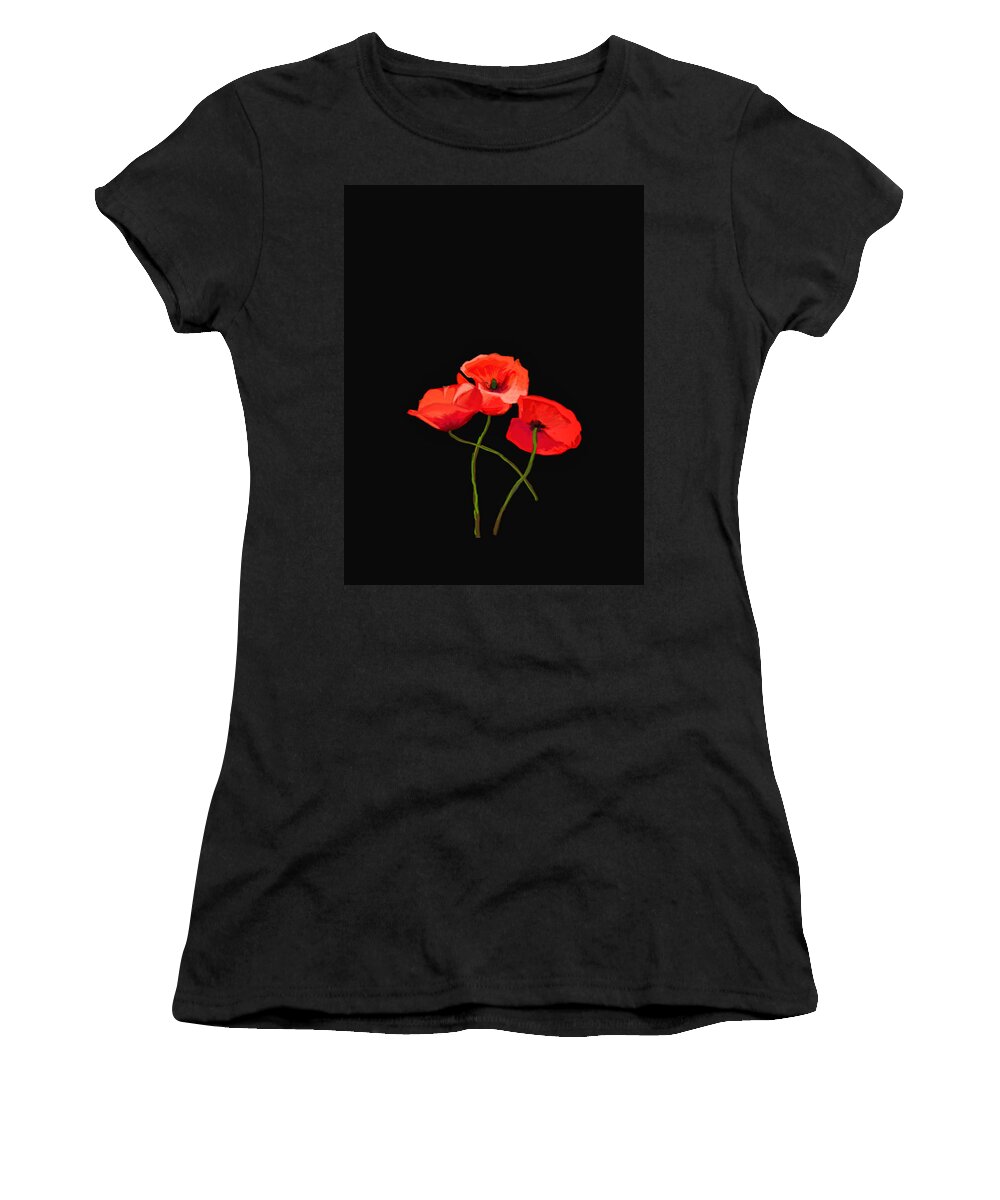 Poppies Women's T-Shirt featuring the photograph Three Poppies on Black by Lynn Bolt