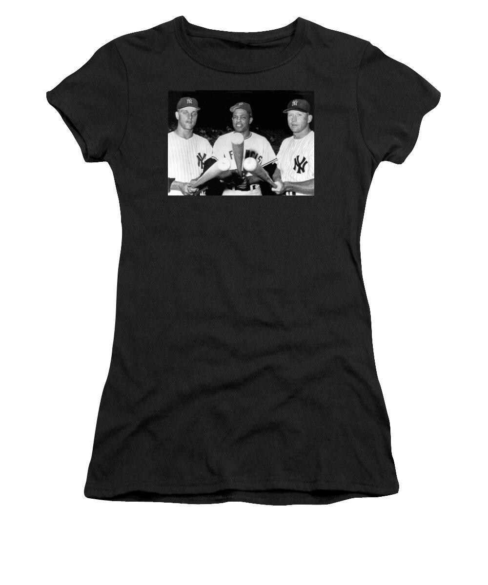 1961 Women's T-Shirt featuring the photograph Three Slugging Outfielders by Underwood Archives