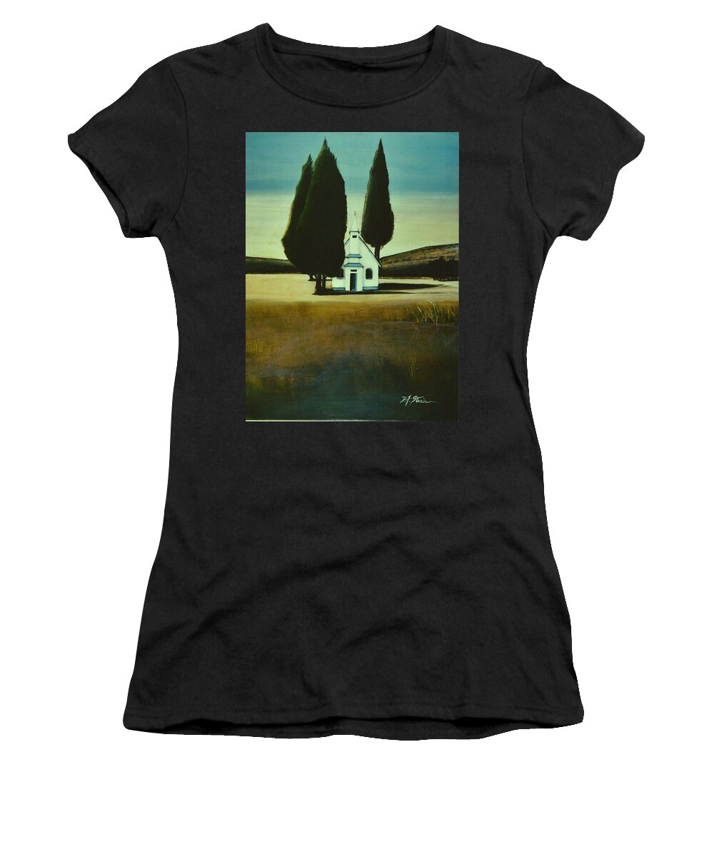 Prairie Women's T-Shirt featuring the painting Three Trees and a Church by Diane Strain