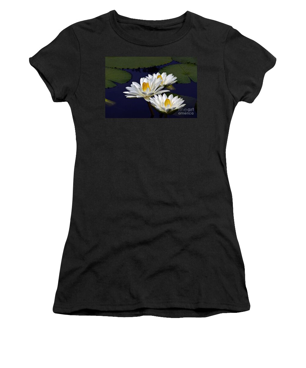 Nymphaea Women's T-Shirt featuring the photograph Three White Tropical Water Lilies version 2 by Byron Varvarigos