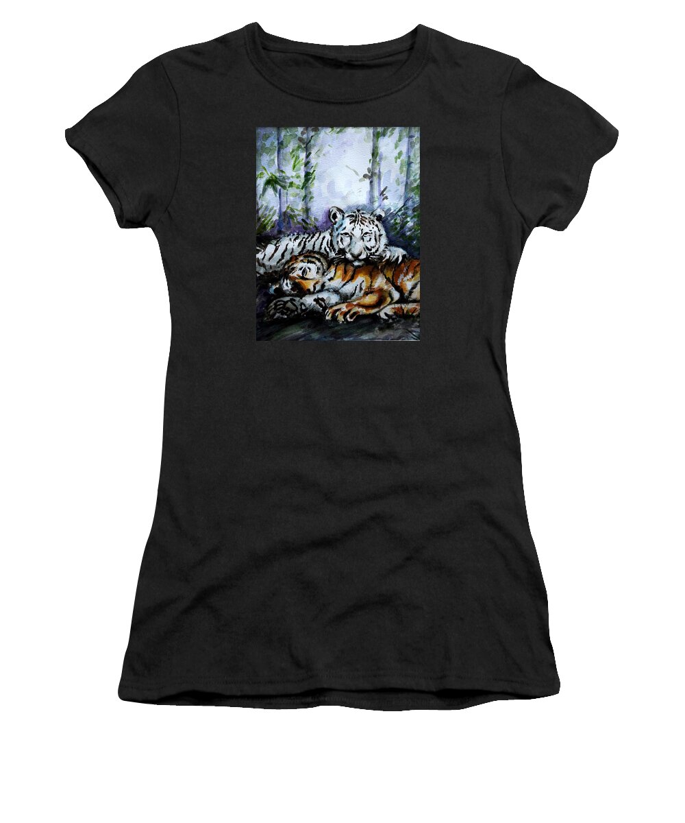 Animals Women's T-Shirt featuring the painting Tigers-mother and child by Harsh Malik