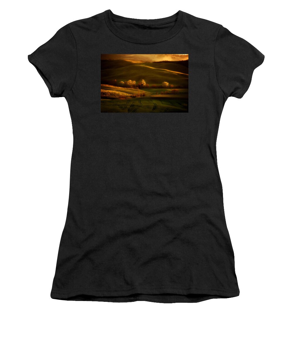 Toskany Women's T-Shirt featuring the photograph Golden fields of val d'Orcia by Jaroslaw Blaminsky