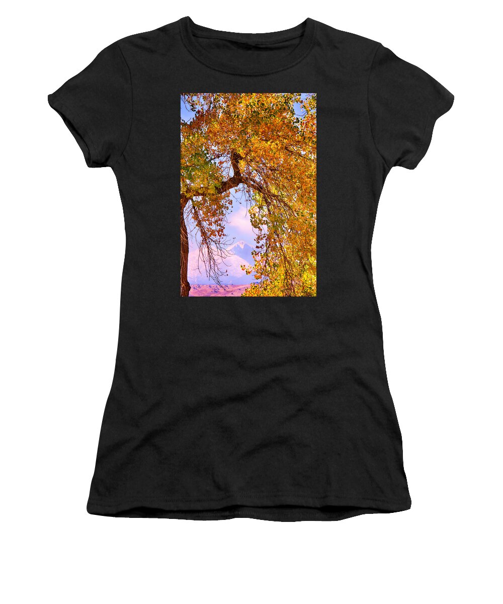 Longs Peak Women's T-Shirt featuring the photograph Twin Peaks - Longs Peak and Mt Meeker Colorful Autumn View by James BO Insogna