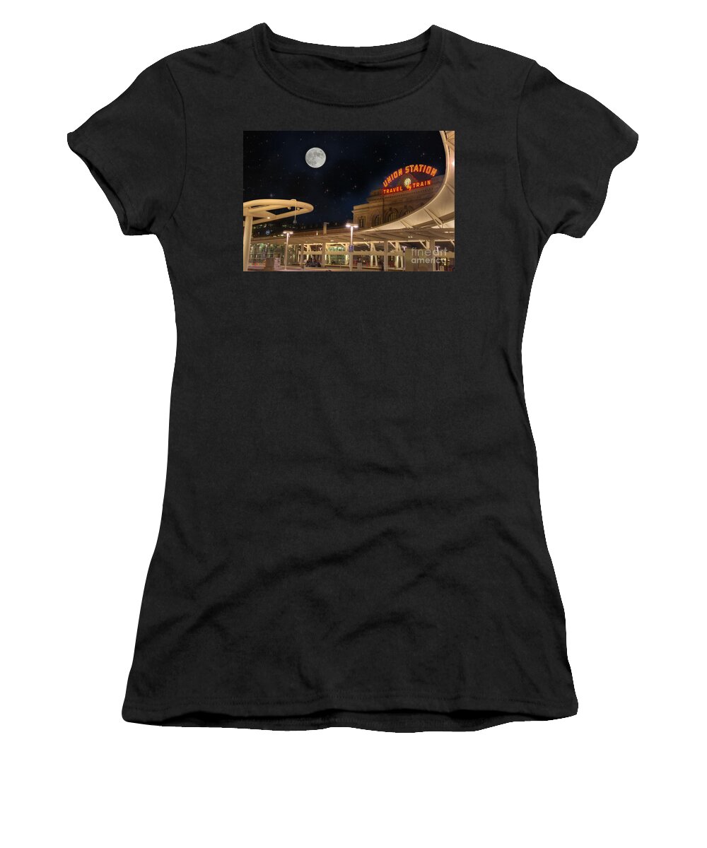 Architecture Women's T-Shirt featuring the photograph Union Station Denver Under a Full Moon by Juli Scalzi