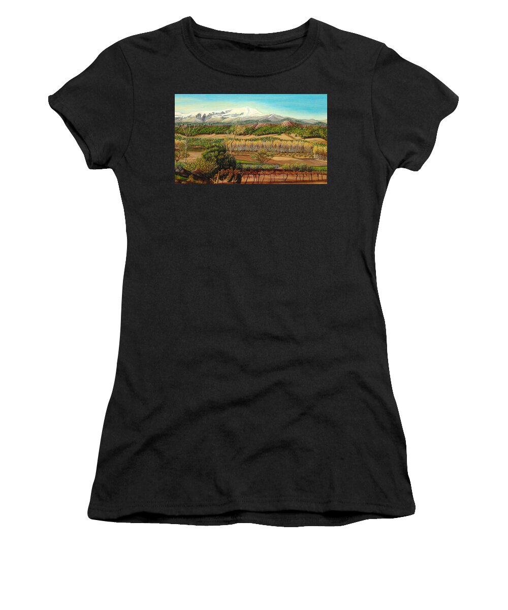 Pines Women's T-Shirt featuring the painting Vineyard Valley In The Sierra Nevada Surroundings by Angeles M Pomata