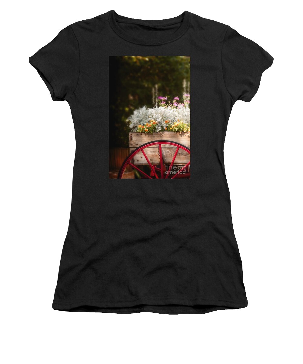 Flowers; Bright; Lovely; Colorful; Plants; Beautiful; Orange; Pink; White; Green; Cart; Nature; Wooden; Wheel; Red; Wood; For Sale; Peddler; Outside; Outdoors; Decorative; Country Women's T-Shirt featuring the photograph Vintage Beauties for Sale by Margie Hurwich