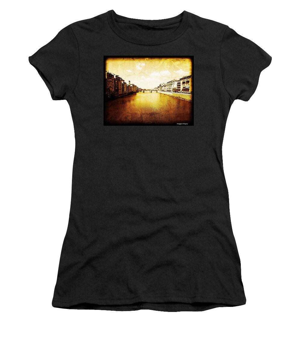 Italy Women's T-Shirt featuring the mixed media View of River Arno from Ponte Vecchio by Femina Photo Art By Maggie
