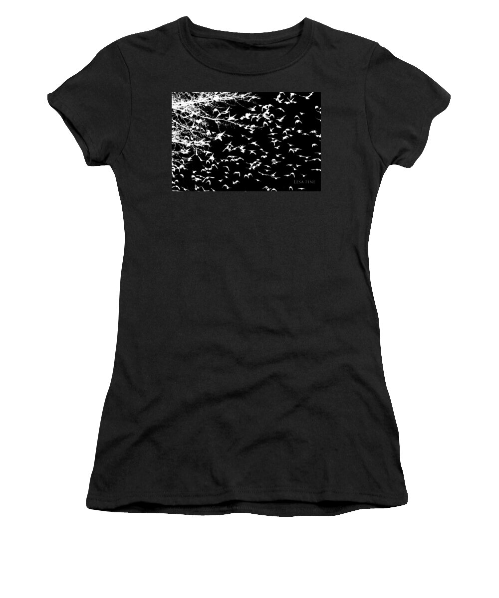 Black Women's T-Shirt featuring the mixed media White Blackbirds on Black by Lesa Fine