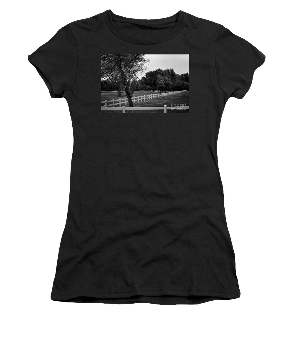 Black And White Women's T-Shirt featuring the photograph White Fence on the Wooded Green by Frank J Casella