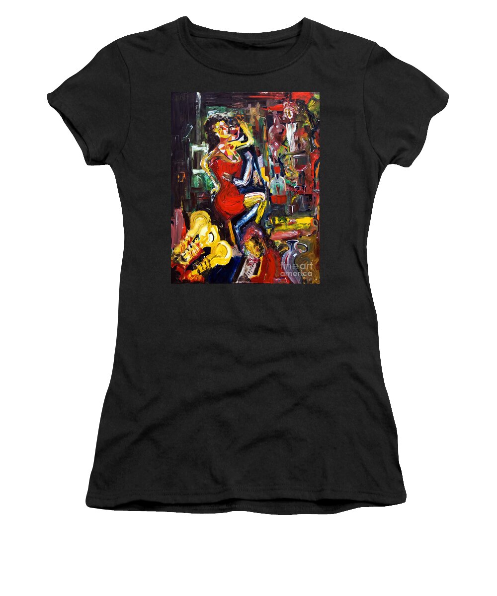 Wine Women's T-Shirt featuring the painting Wine Woman And Music by James Lavott