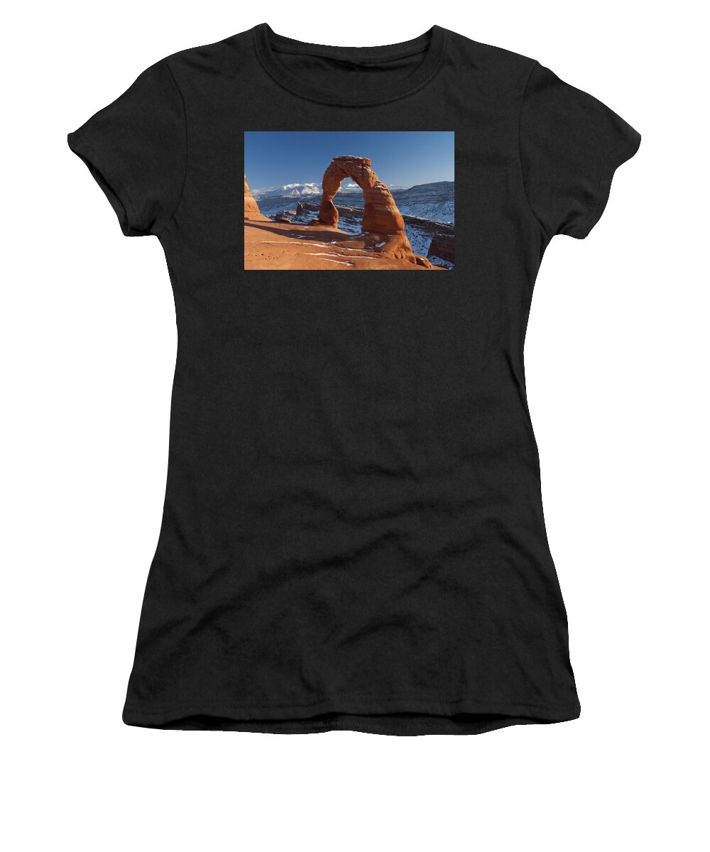 Nature Women's T-Shirt featuring the photograph Winter at Delicate Arch by Julia McHugh