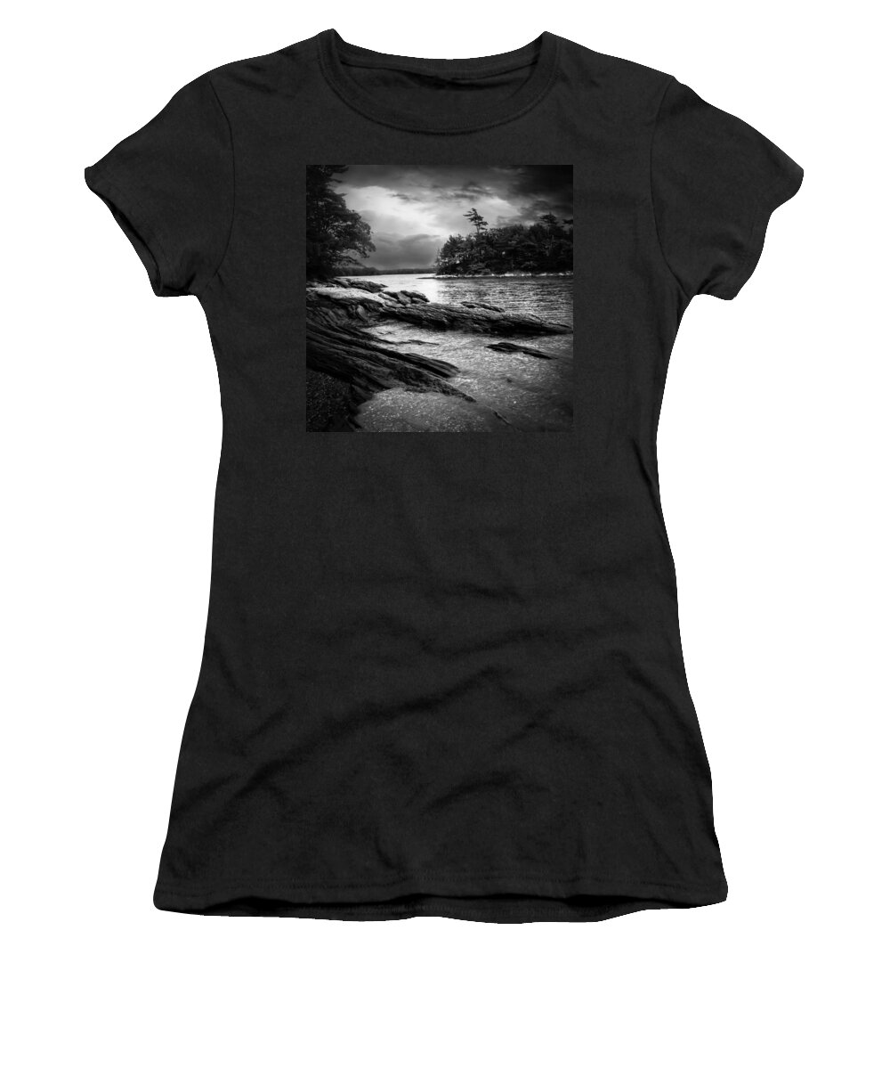 Shore Women's T-Shirt featuring the photograph Winter Moonlight Wolfes Neck Woods Maine by Bob Orsillo