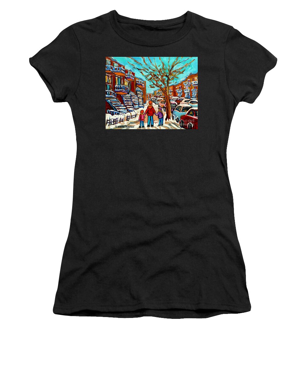 Montreal Women's T-Shirt featuring the painting Winter Walk Montreal Paintings Snowy Day In Verdun Montreal Art Carole Spandau by Carole Spandau