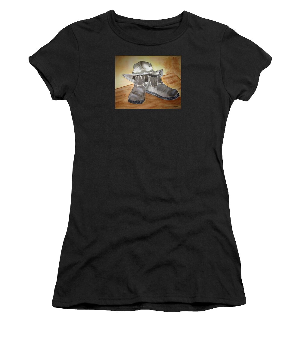  Boots Women's T-Shirt featuring the painting Working on the land by Elvira Ingram